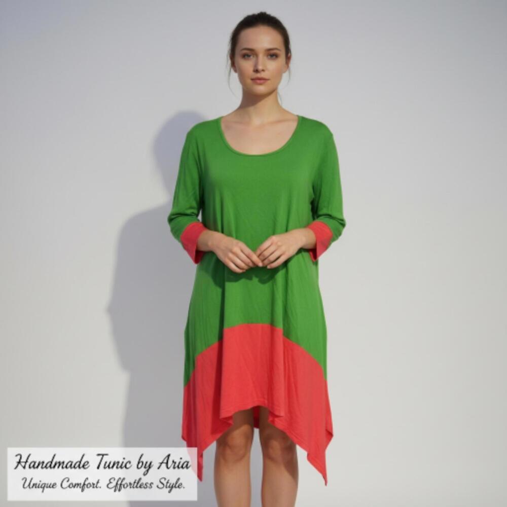 Handmade Green and Coral Colorblock Tunic with 3/4 Sleeves